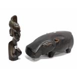 A Gambian carved hardwood female bust, 14½” high; & an African carved hardwood hippopotamus model,