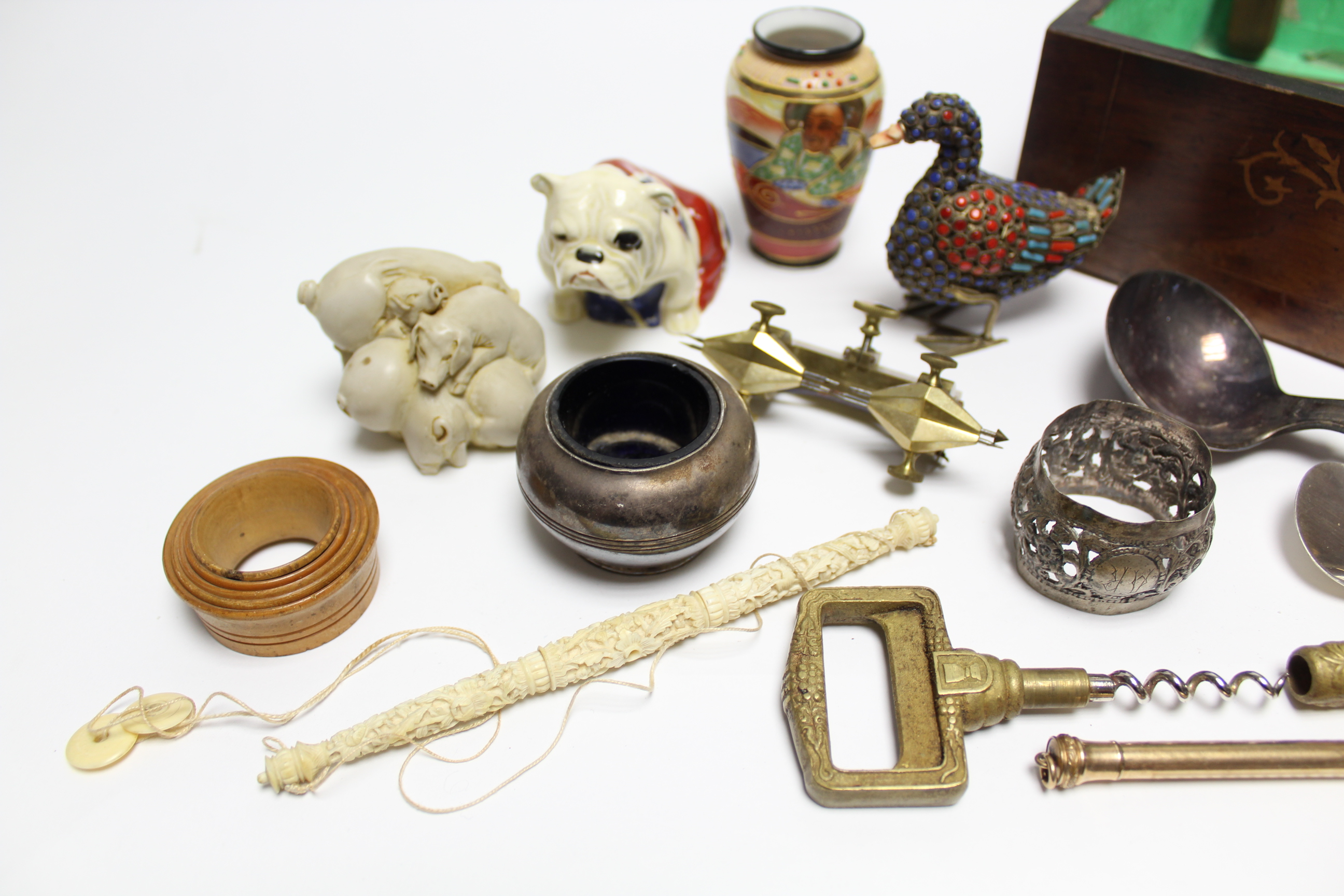 A leather-covered glass flask; a white-metal napkin ring; & sundry other items. - Image 4 of 6