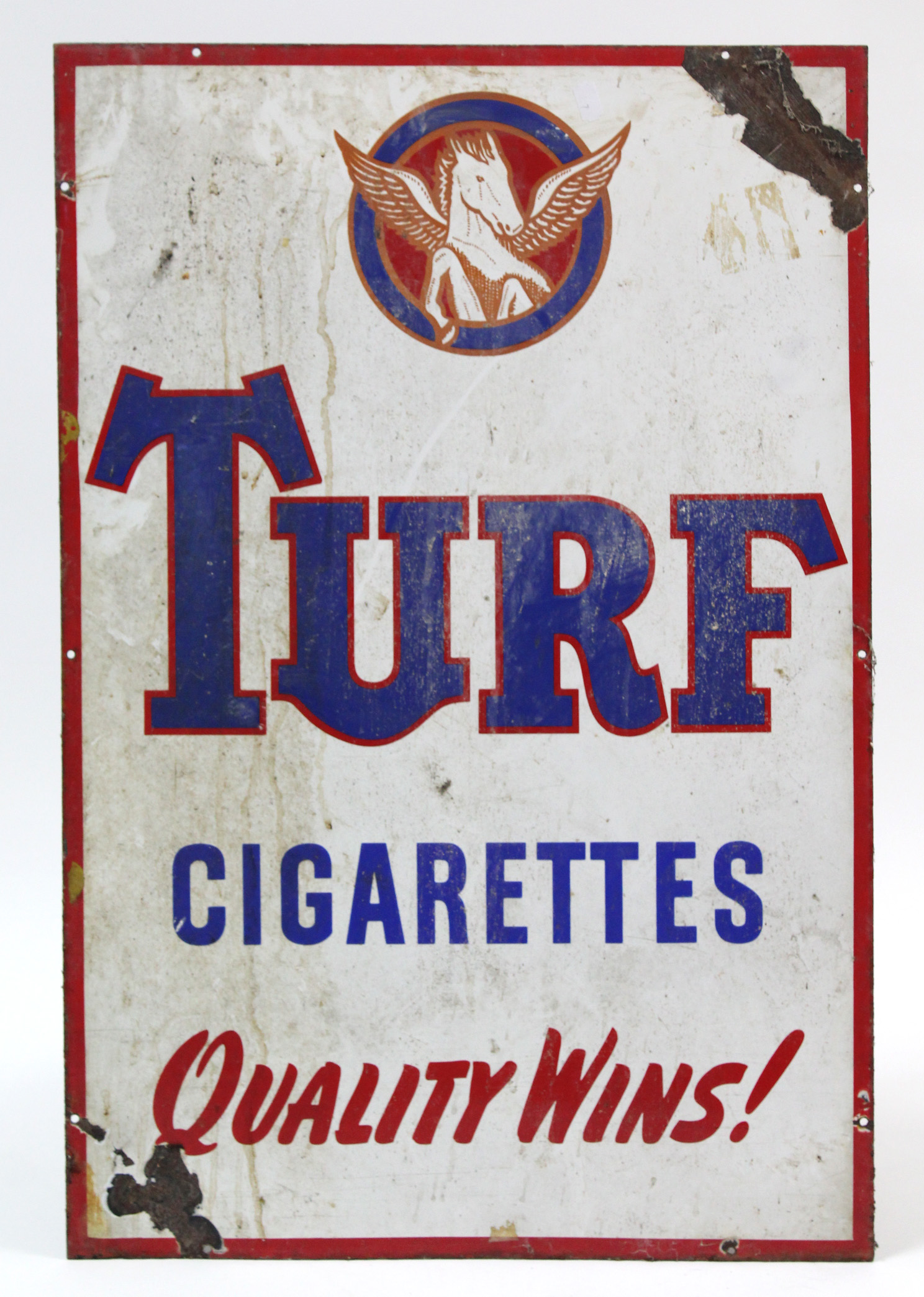 A 1950’s enamelled rectangular sign “TURF CIGARETES, QUALITY WINS!”, 30” x 20”.