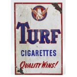 A 1950’s enamelled rectangular sign “TURF CIGARETES, QUALITY WINS!”, 30” x 20”.