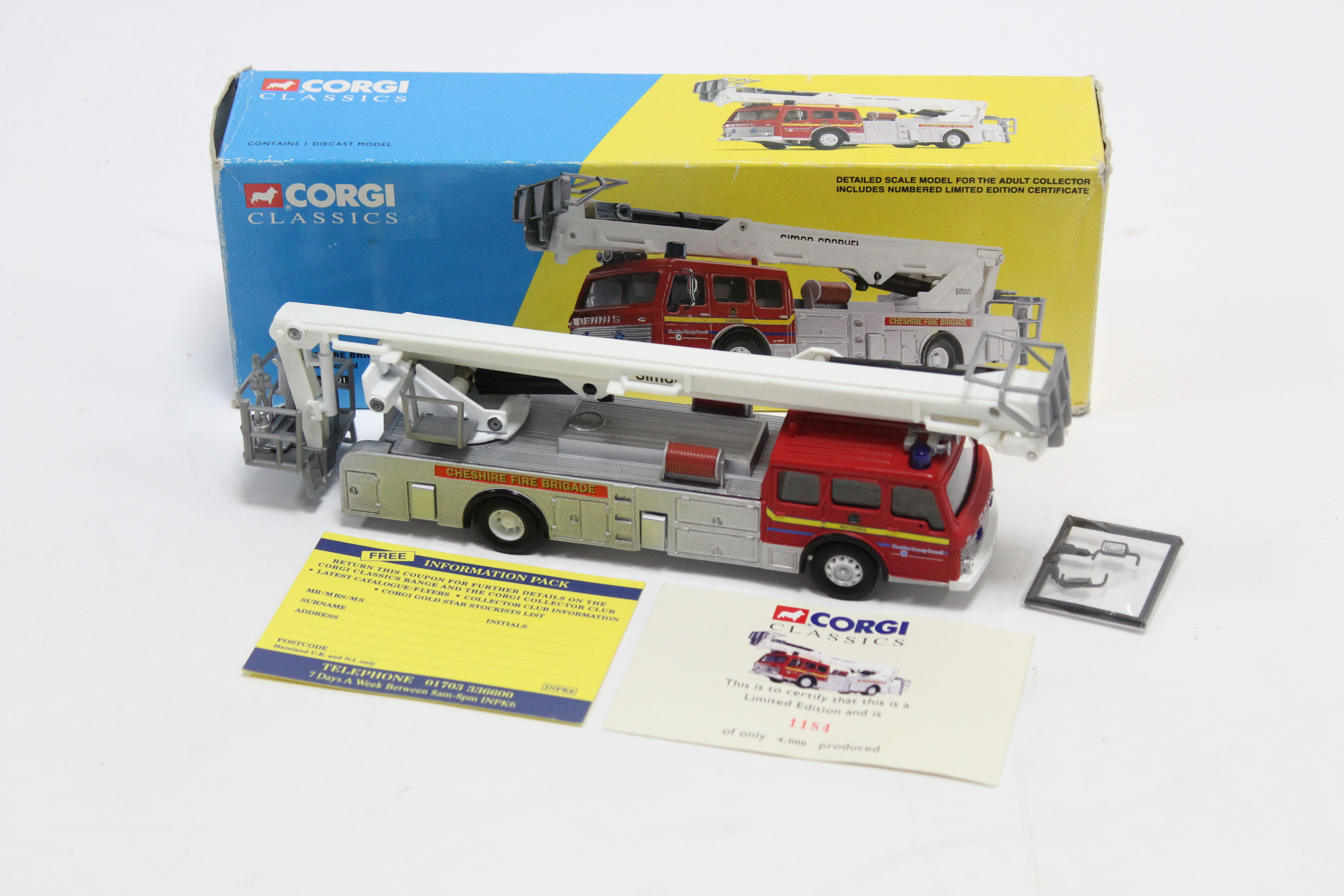 A Corgi Classics scale model of a Simon Snorkel Cheshire Fire Brigade fire engine (No. 32001),