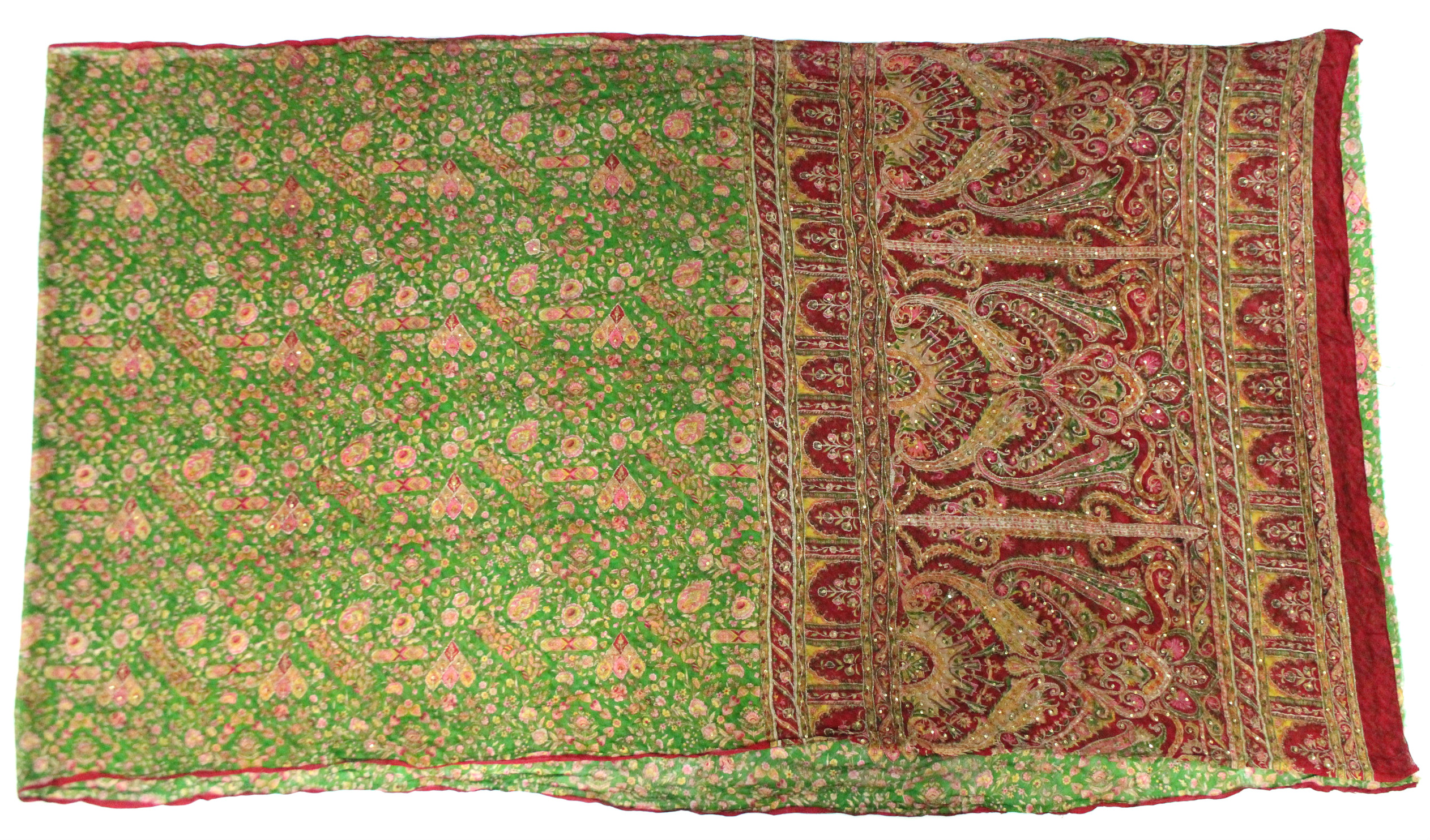 An Indian sari of green & crimson ground with all-over floral & scroll design to one end & with - Image 3 of 3