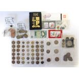 Various British pre-decimal coins; a few foreign coins; a £1 note; two Post Office savings books,