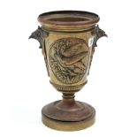 A Hinks & Sons brass vase of floral tapered form & on pedestal foot, decorated with embossed bird