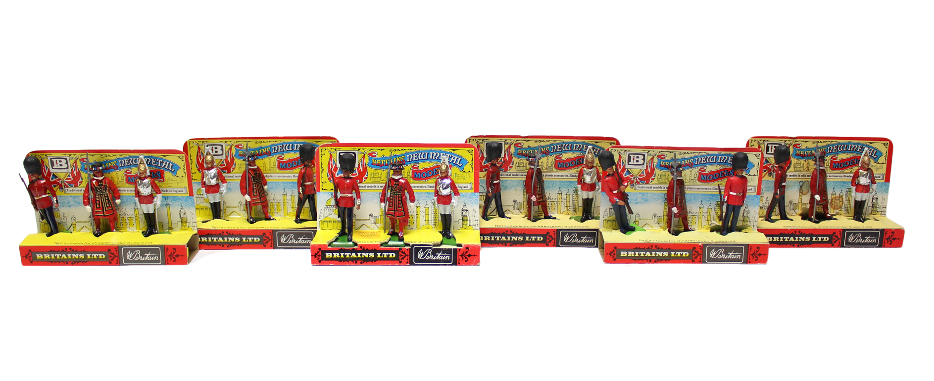 Six sets of Britains New Metal Soldier figures, each set with original packaging.