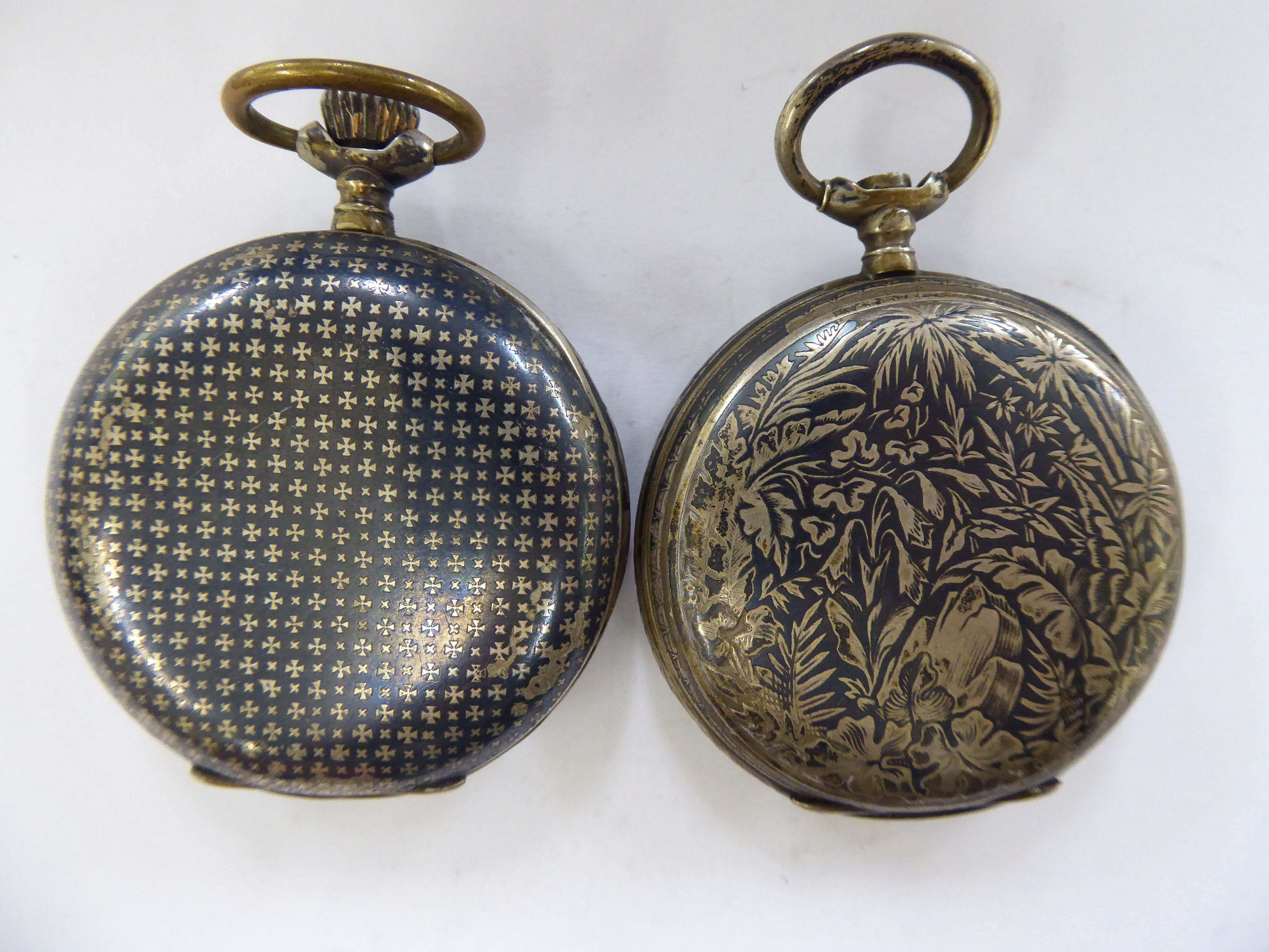 Two similar late 19thC Continental white metal cased full hunter pocket watches, - Image 3 of 4