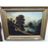 Mid/late 19thC European School - figures beside a lake and woodland beyond oil on board 18'' x