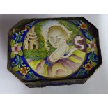 A late 18thC enamelled and gilt metal patch box of elongated octagonal form,