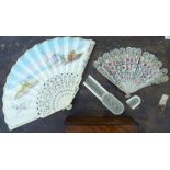 A mixed lot: to include a Victorian satinwood glove box and various carved bone fan components