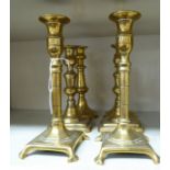 Two pairs of late 19thC brass candlesticks with similarly knopped stems 9''h;