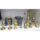 Decorative metalware: to include a bronze mortar and associated brass pestle OS2