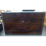 An early Victorian rosewood veneered vanity box with brass corners, string inlaid ornament,