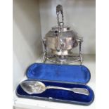 A late Victorian Walker & Hall electroplated tea kettle with a fixed top handle and a swept spout,