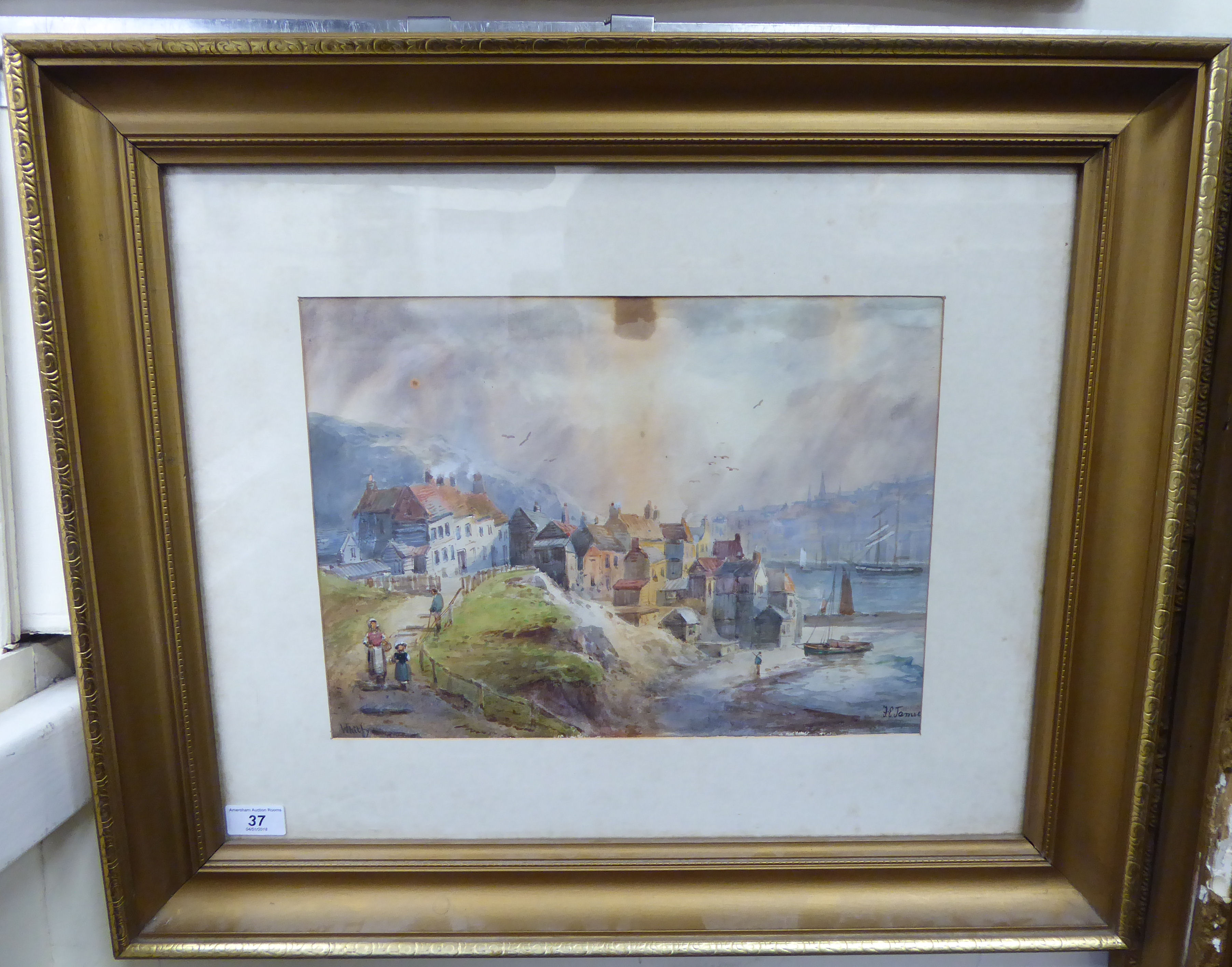 FE James - 'Whitby' with figures on a path in the foreground watercolour bears a signature 11''