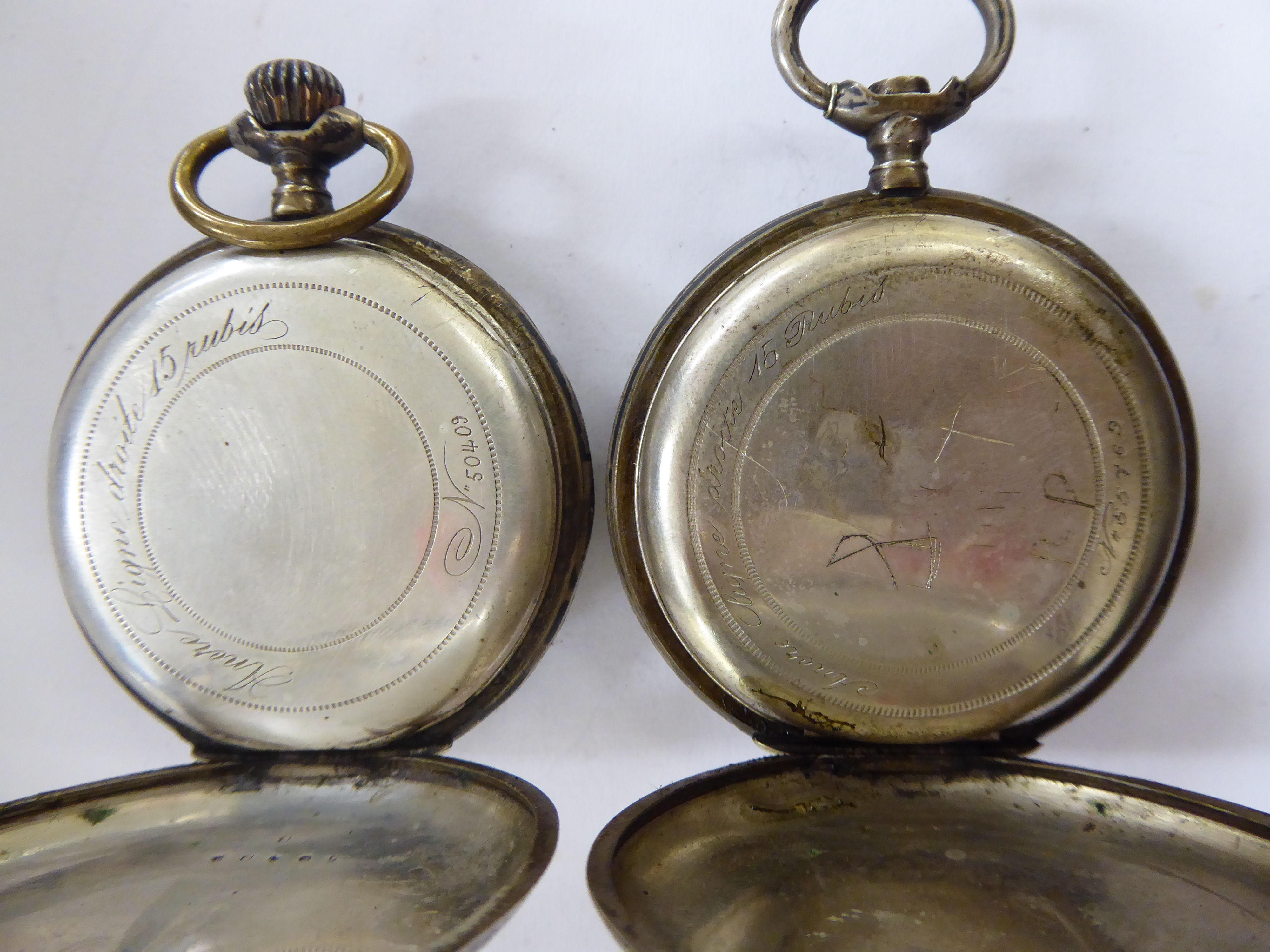 Two similar late 19thC Continental white metal cased full hunter pocket watches, - Image 4 of 4