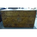 An early Victorian walnut veneered vanity box with lacquered brass corners, straight sides,