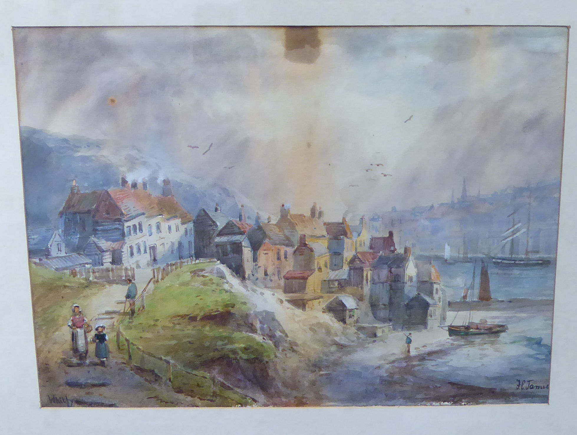 FE James - 'Whitby' with figures on a path in the foreground watercolour bears a signature 11'' - Image 2 of 3