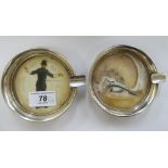 Two similar silver framed ashtrays with painted enamel bases mixed London marks 3''dia 11