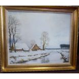 L Paul - a winter landscape with a river in the foreground,