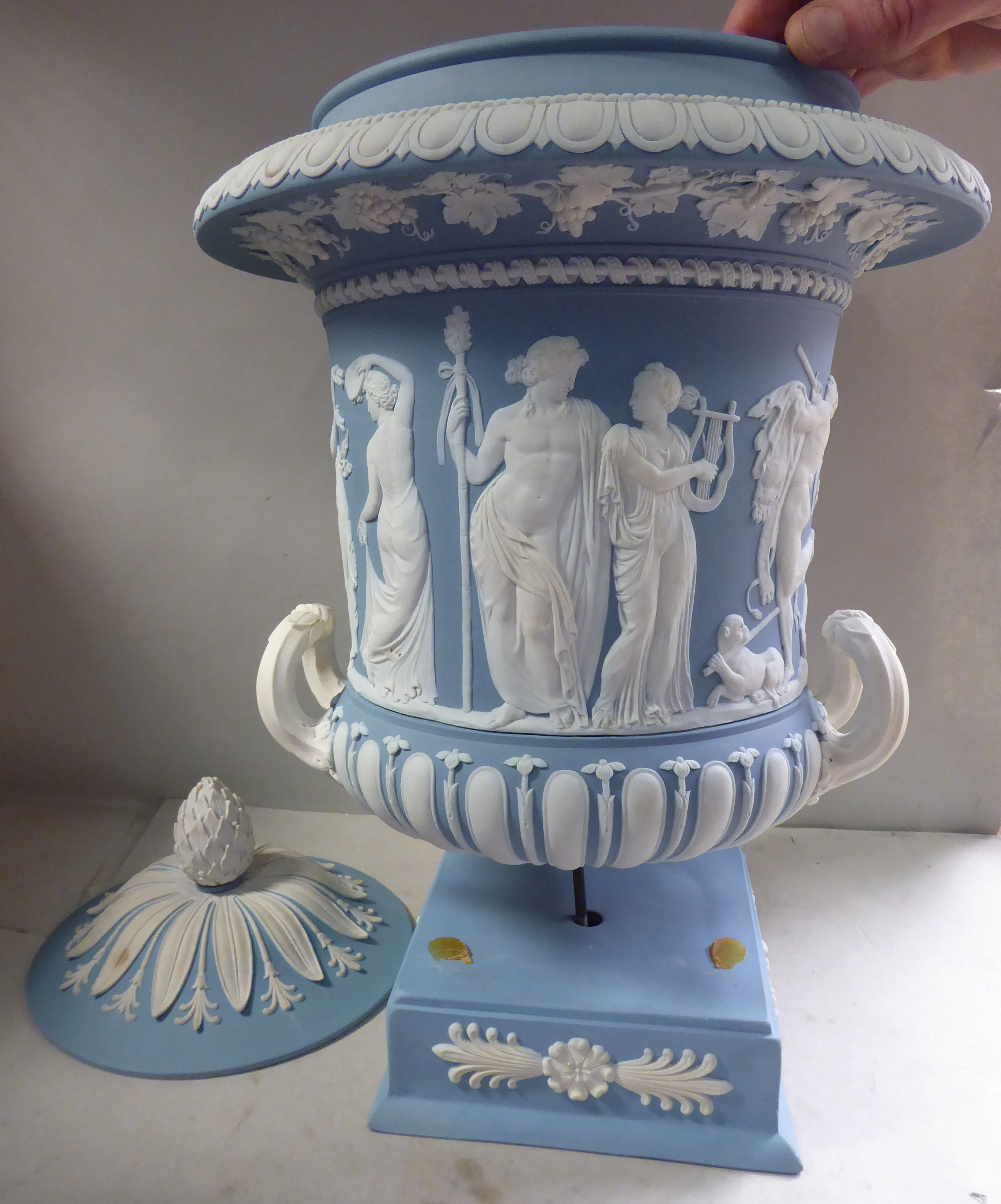 A late 19thC Wedgwood powder blue jasper stoneware twin handled vase, - Image 3 of 9