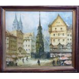Hunte - a German street scene with figures in a town square oil on canvas bears a signature &