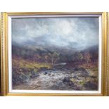JF Slater - a highland riverscape with woodland and mountains beyond oil on board bears a