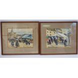 In the manner of Rene le Forestier - a pair of street market scenes watercolours bearing