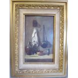 Victor Vignon - a study of objects on a shelf in a pantry oil on board bears a signature & labels