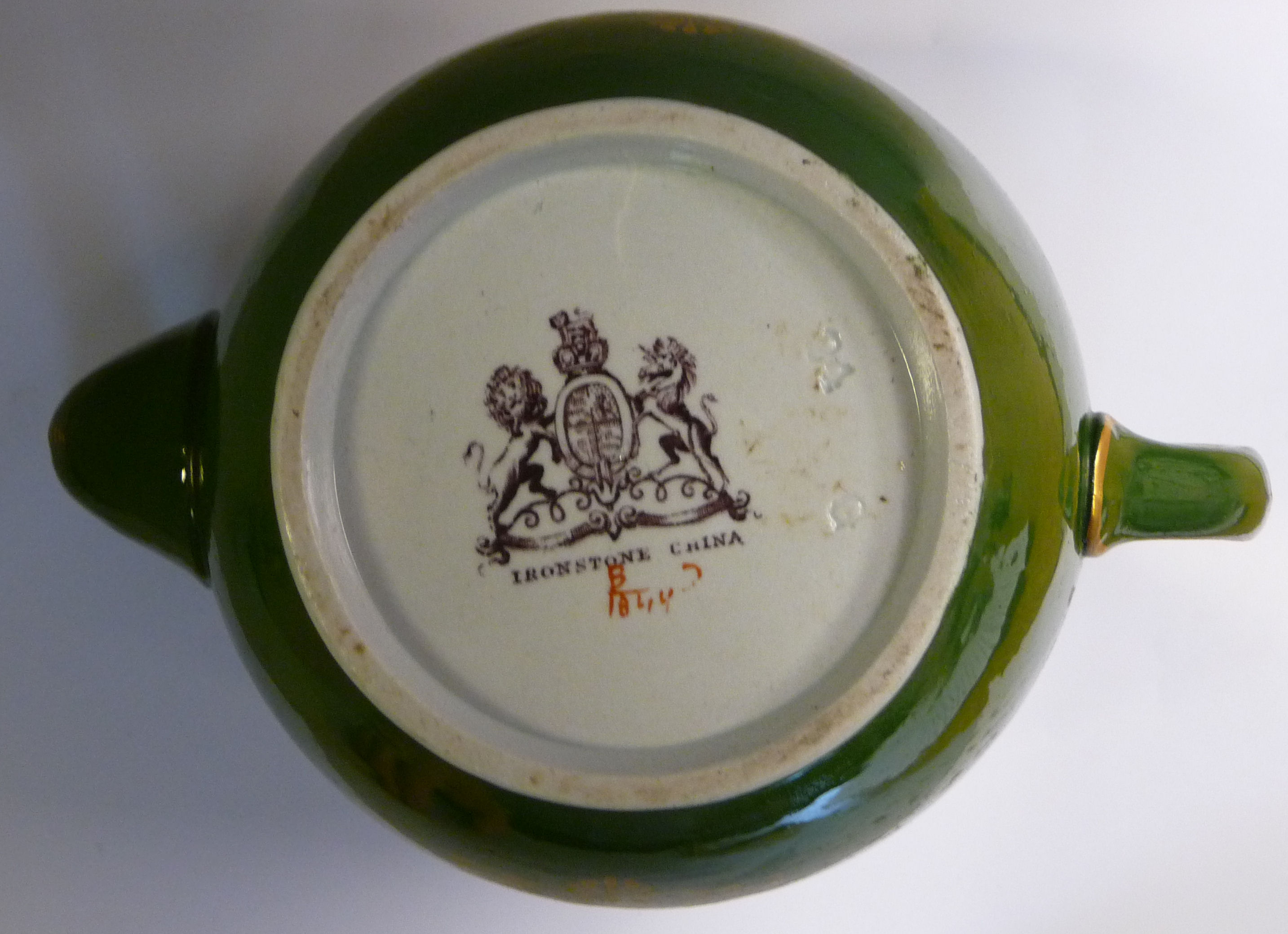 A mid 19thC Ashworth sage green glazed Ironstone china ovoid shaped teapot and lid, - Image 5 of 7