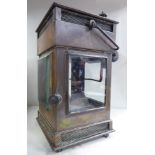 A late 19thC G Polkey copper cased fortress lamp of box design with a folding top handle, clear,