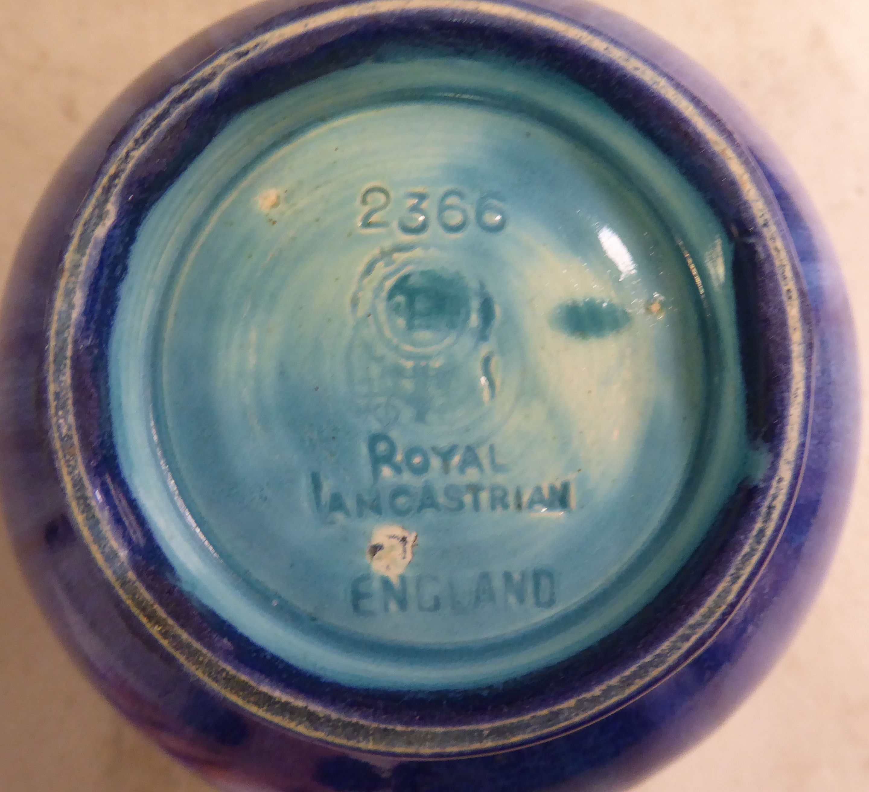 A Royal Lancastrian streaky blue drip glazed pottery vase of squat, - Image 4 of 4