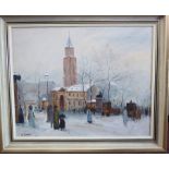 D Long - a French street scene in winter with figures and horsedrawn carriages before a church oil