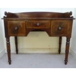 A mid Victorian crossbanded mahogany kneehole desk with a level gallery, over one central/two deep,