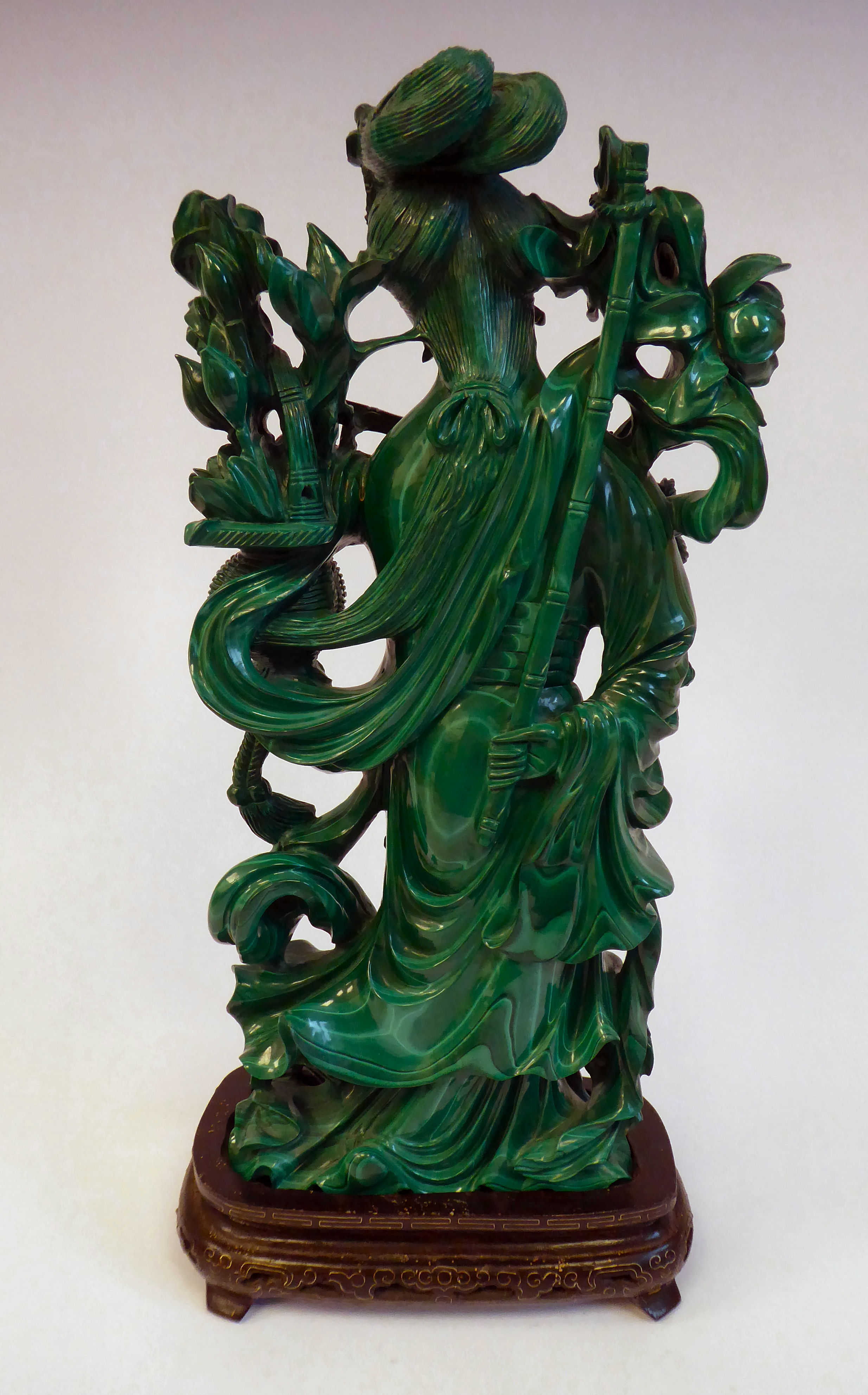 A 20thC Chinese carved malachite figure, a woman with flowers on a branch and in a basket, - Image 3 of 7