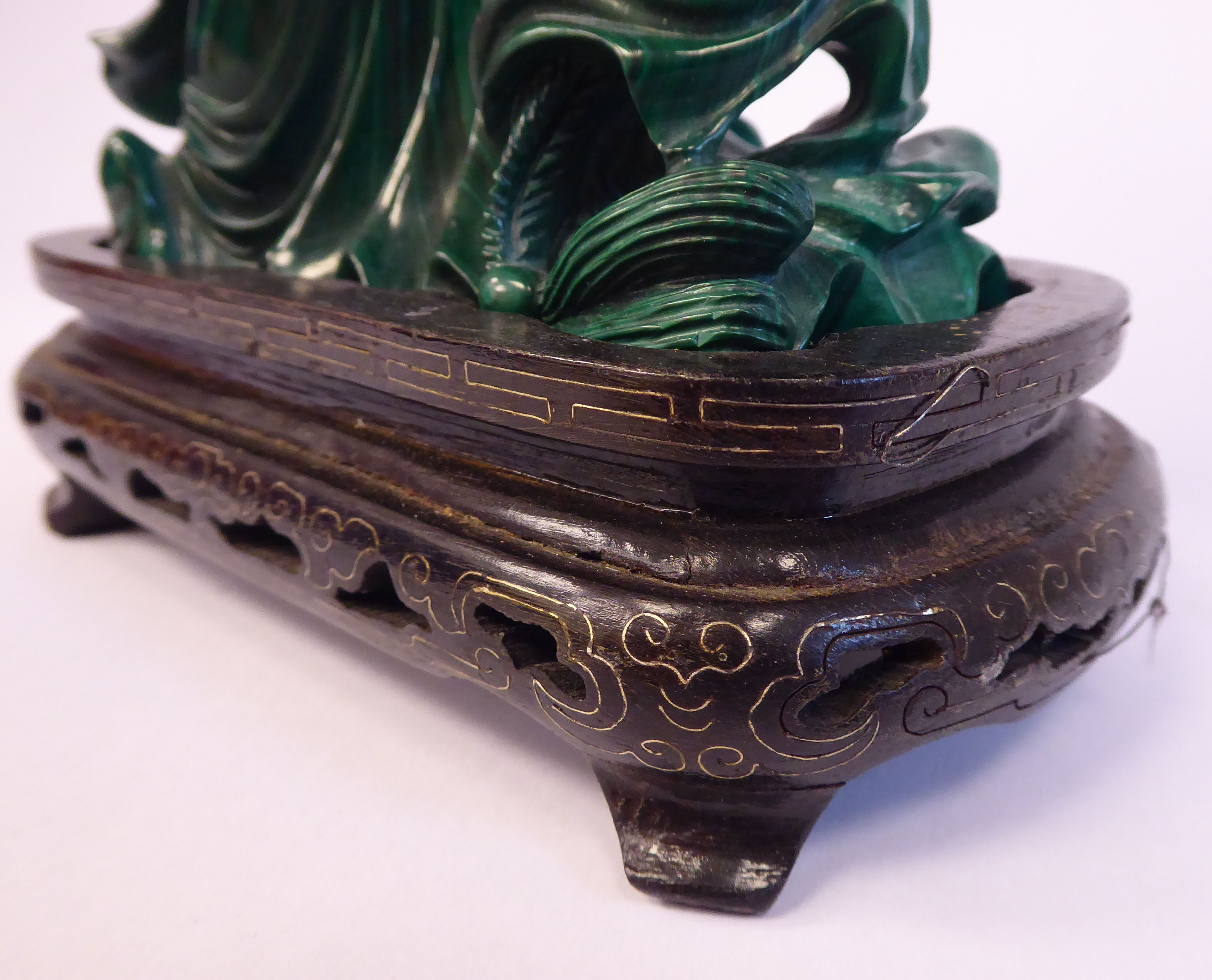 A 20thC Chinese carved malachite figure, a woman with flowers on a branch and in a basket, - Image 6 of 7