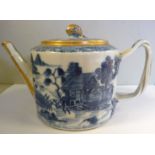 An early 19thC English porcelain drum shaped teapot and lid,