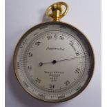 A late 19thC gilt metal cased pocket barometer, on a suspension ring, the calibrated,