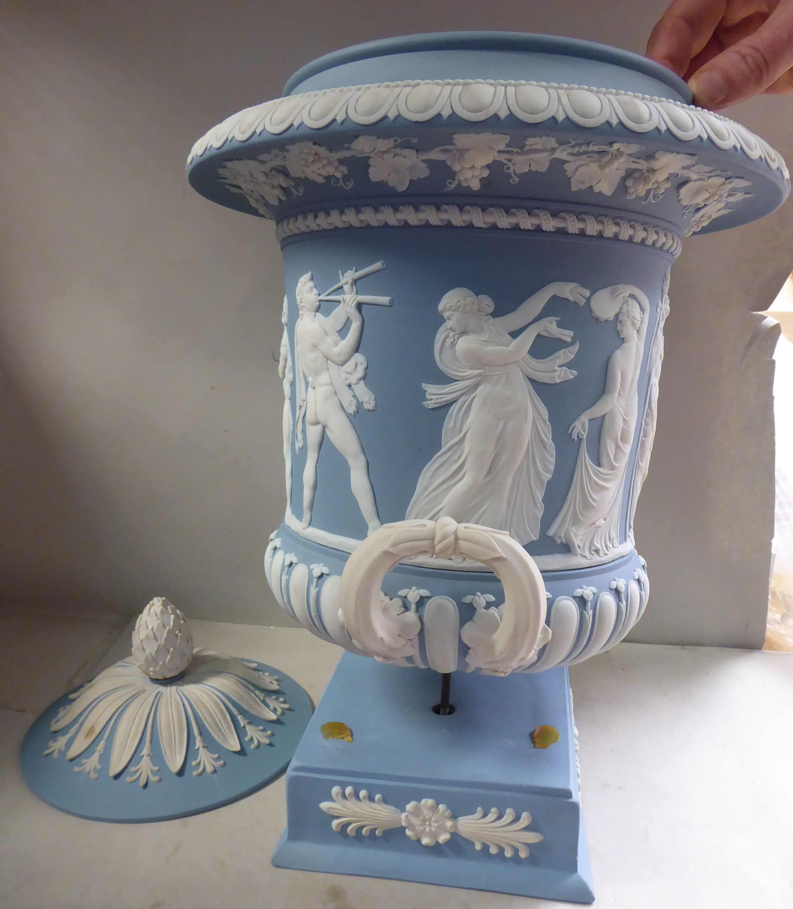 A late 19thC Wedgwood powder blue jasper stoneware twin handled vase, - Image 2 of 9