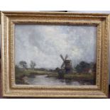 JF Slater - a riverscape with a windmill and cottage oil on canvas bears a signature 11'' x 15''