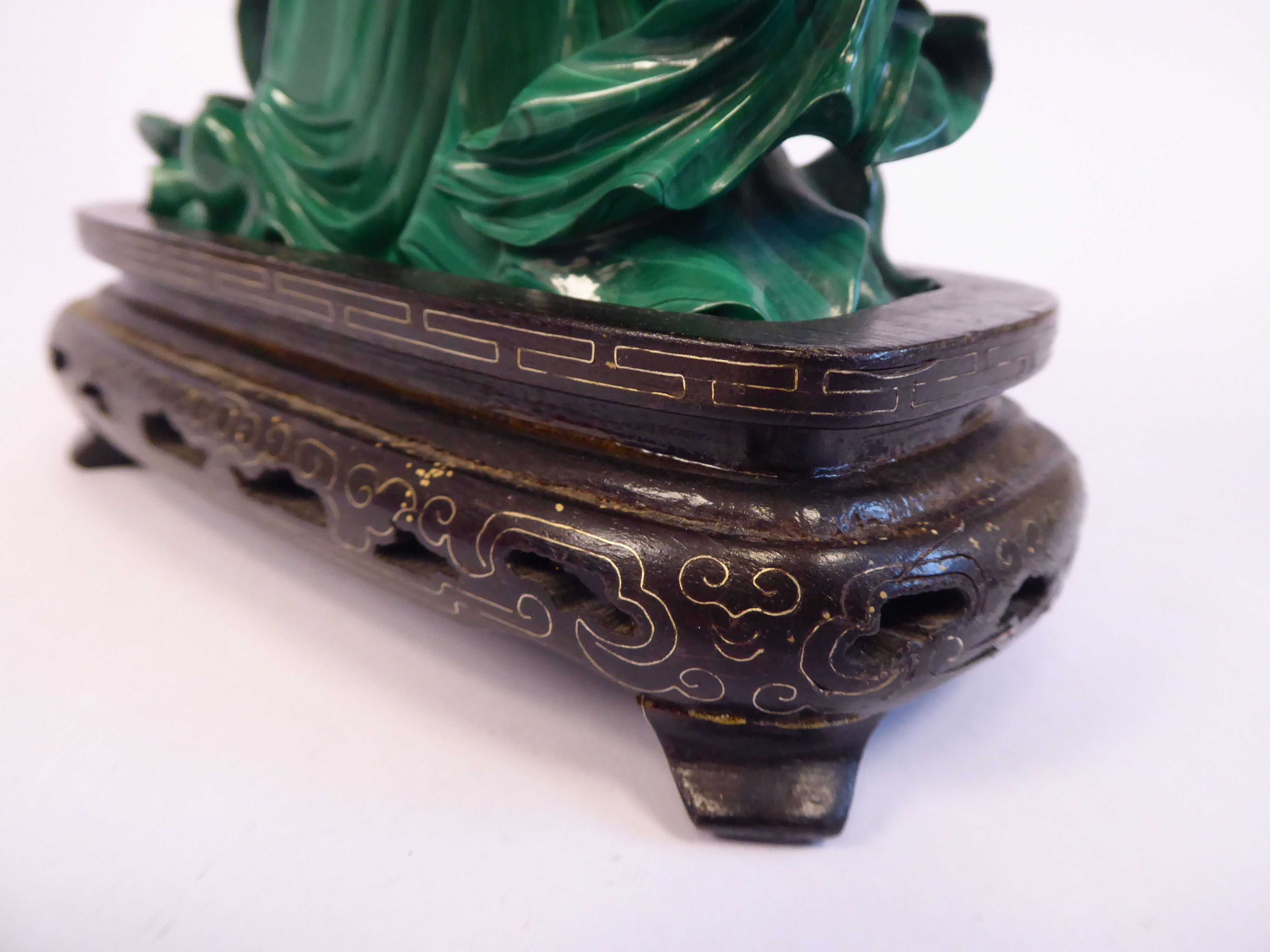 A 20thC Chinese carved malachite figure, a woman with flowers on a branch and in a basket, - Image 5 of 7