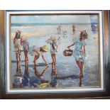 Bowmar - children playing on a beach at low tide oil on canvas bears a signature 19'' x 23''