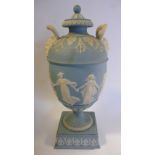 A mid 19thC Wedgwood powder blue Jasper stoneware twin handled,