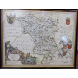 A mid 17thC Joan Blaeu coloured county map 'Darbiensis Comitatus Vernacule Darbie Shire'