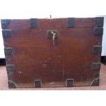 A late 19th/early 20thC boarded mahogany silver chest with angled and rivetted brass corner and