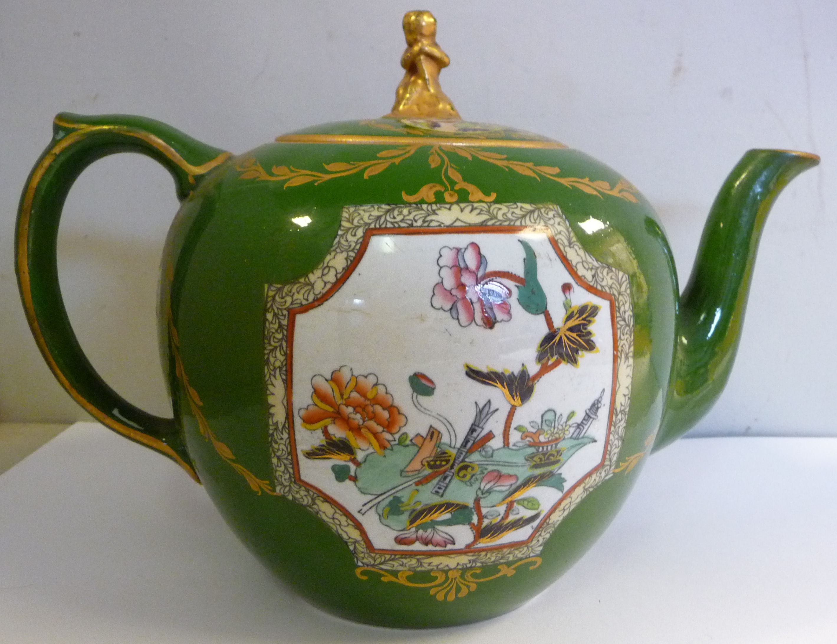 A mid 19thC Ashworth sage green glazed Ironstone china ovoid shaped teapot and lid, - Image 2 of 7