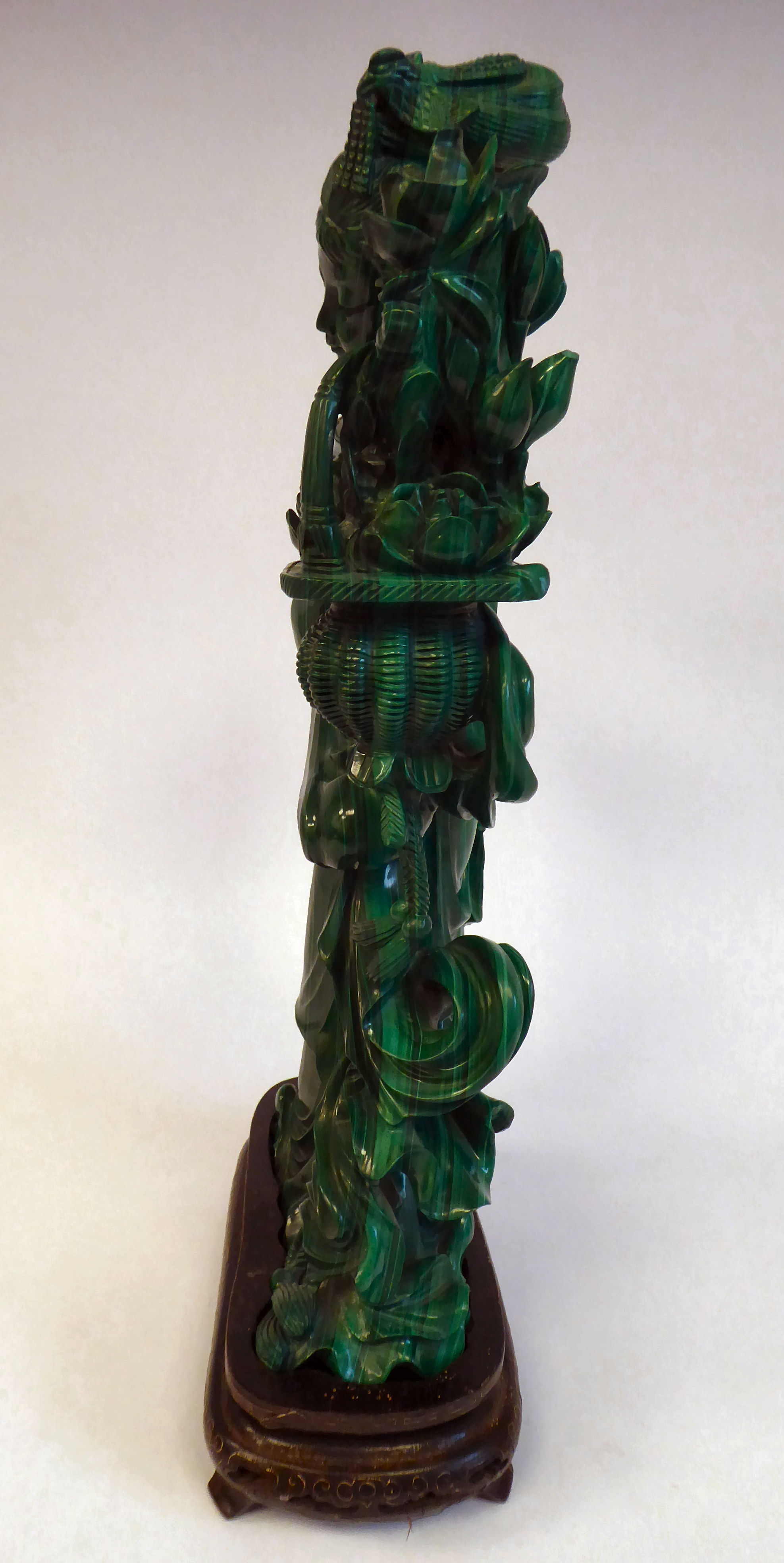 A 20thC Chinese carved malachite figure, a woman with flowers on a branch and in a basket, - Image 2 of 7