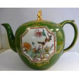 A mid 19thC Ashworth sage green glazed Ironstone china ovoid shaped teapot and lid,