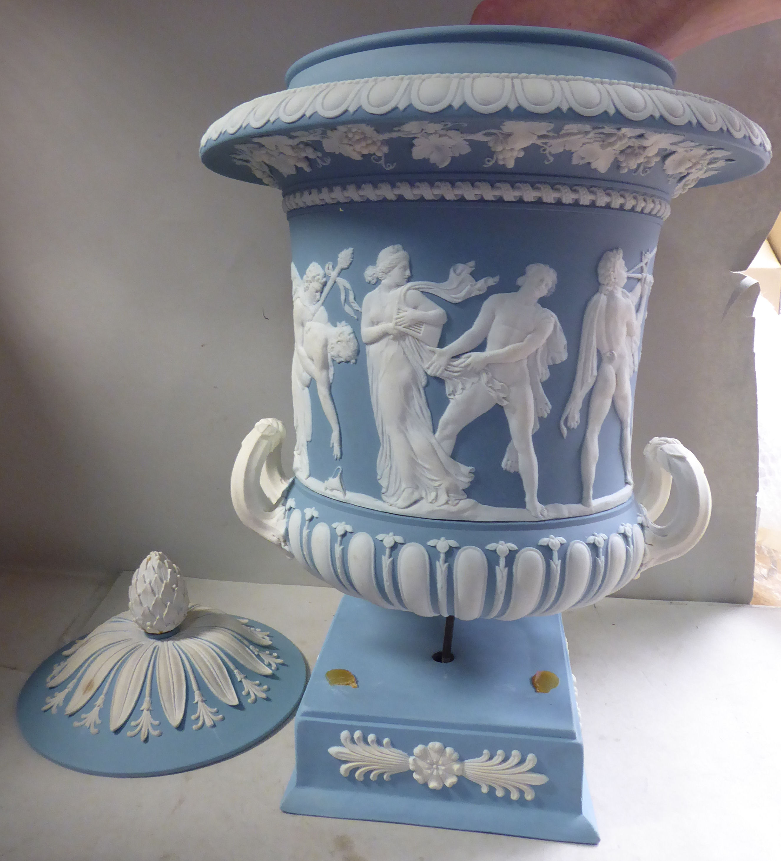 A late 19thC Wedgwood powder blue jasper stoneware twin handled vase,