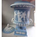 A late 19thC Wedgwood powder blue jasper stoneware twin handled vase,