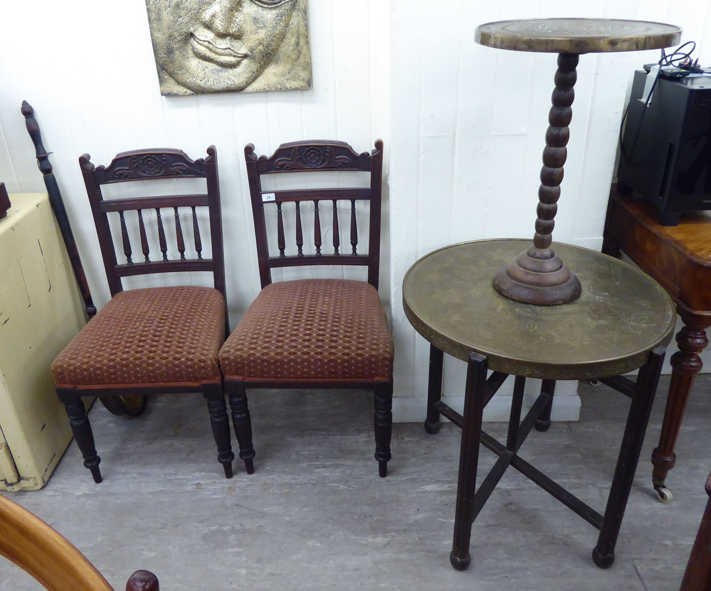 Small furniture: to include a pair of Edwardian mahogany framed spindle back dining chairs,